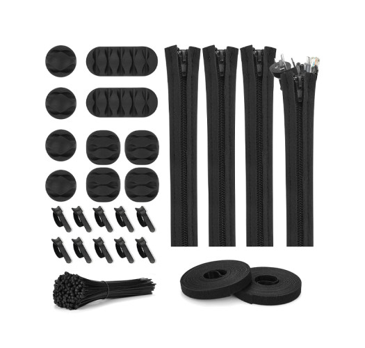 MasterMind 121pcs Cord Management Organizer Kit 4 Cable Sleeve with Zipper,10 Self Adhesive Cable Clip Holder,10pcs and 2 Roll Self Adhesive tie and 100 Fastening Cable Ties for TV Office Home etc (Black)